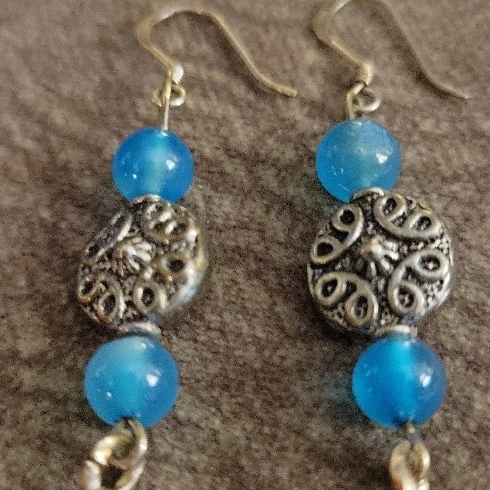 3/$30 HANDMADE Blue Agate Beaded Leaf Charm Dangle Hook Earrings